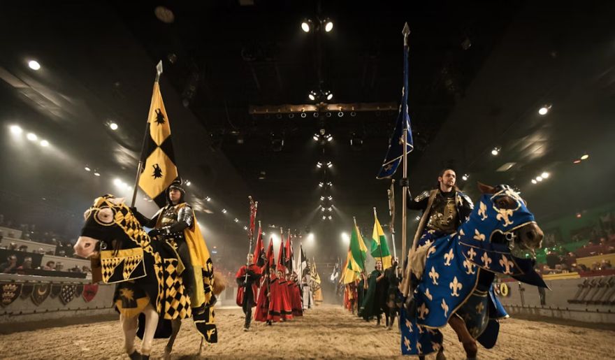 Knights on horseback at the Medieval Times Dinner & Tournament, one of the top Myrtle Beach attractions for kids