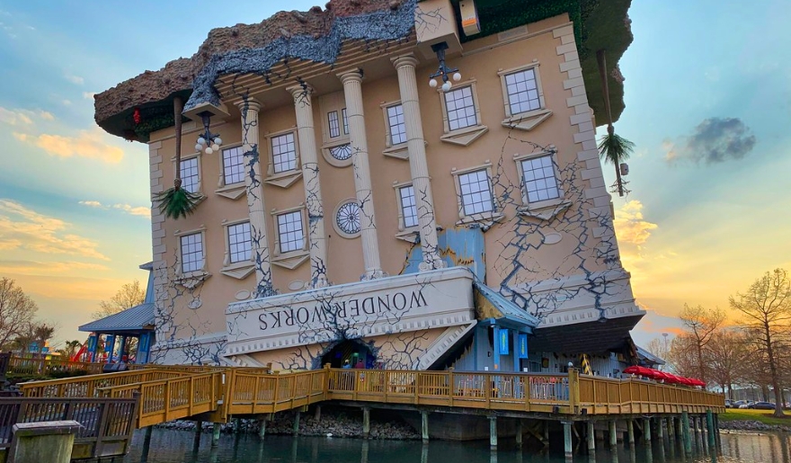 The exterior view of the WonderWorks, showcasing upside down design perfect for Myrtle Beach Attractions for Kids