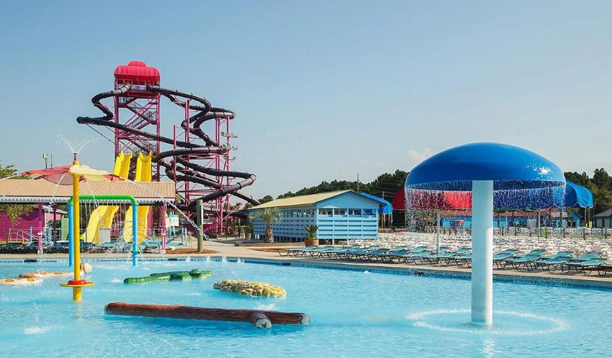 Colorful water slides and splash areas at a Myrtle Beach water park, perfect for kids seeking fun and excitement.