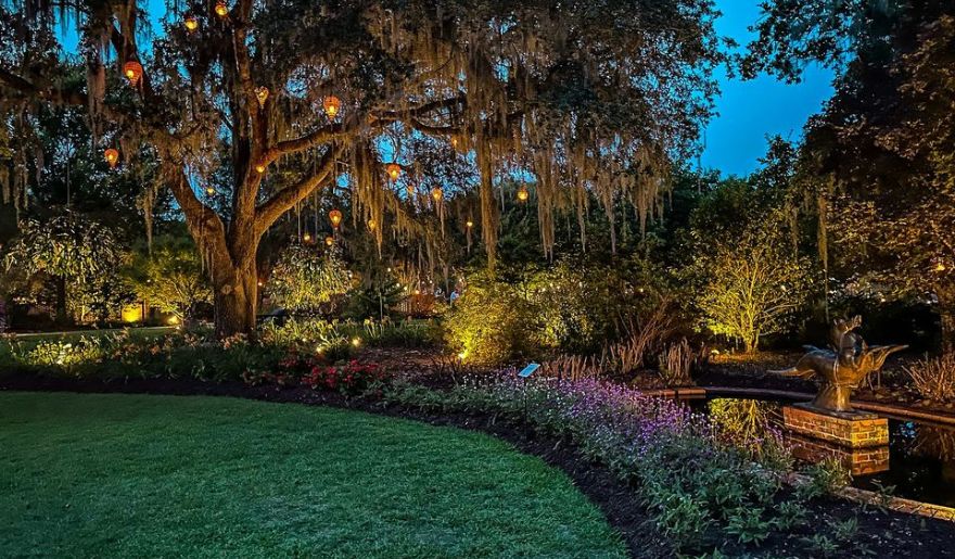 Brookgreen Gardens during night time with stunning view of lights and gardens