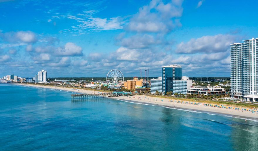 Aerial view of Myrtle Beach coastline, popular for bachelor party activities and celebrations.