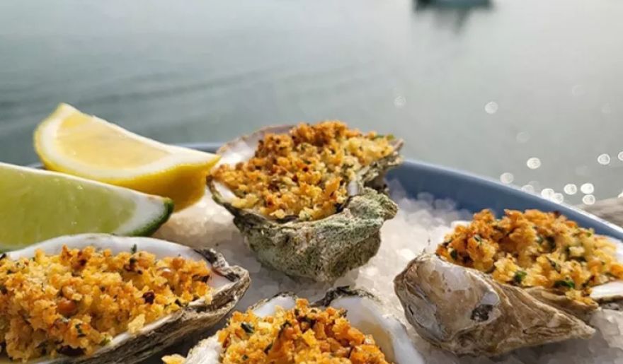 Fresh oysters on the half shell served at a Neptune Bistro & Raw Bar in Murrells Inlet, showcasing a coastal delicacy.