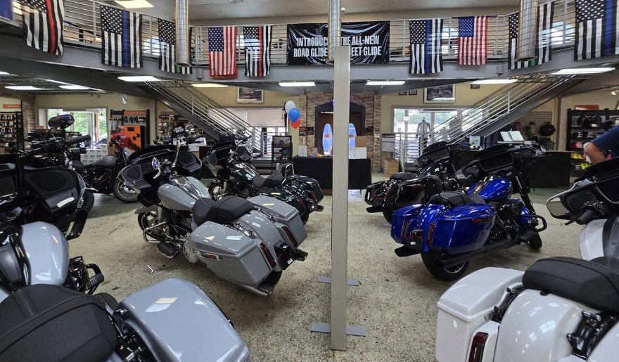 The Harley-Davidson Shop of Myrtle Beach features an extensive display of motorcycles, inviting shoppers to explore their options.