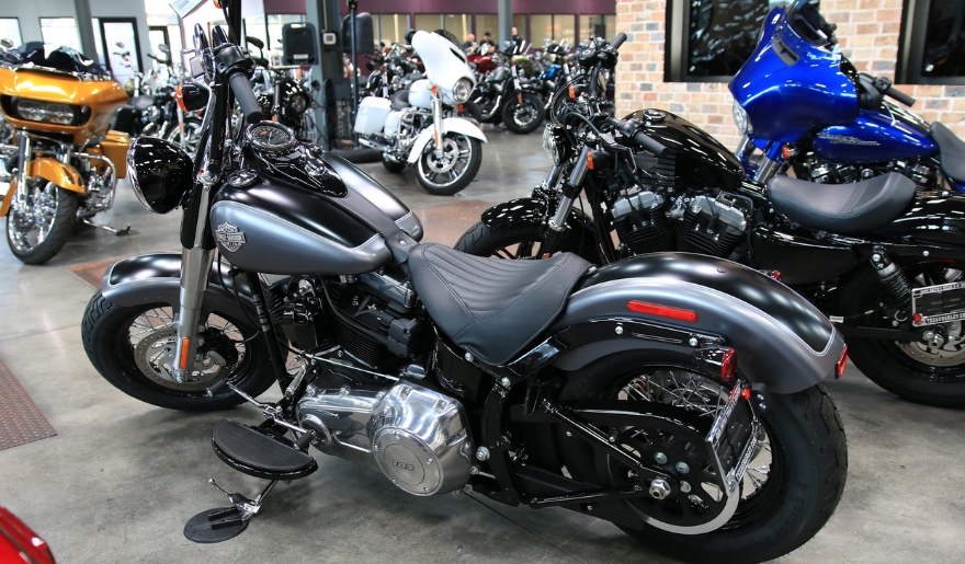 A motorcycle in a showroom at the Harley-Davidson shop, featuring several other motorcycles in the Myrtle Beach shopping area.