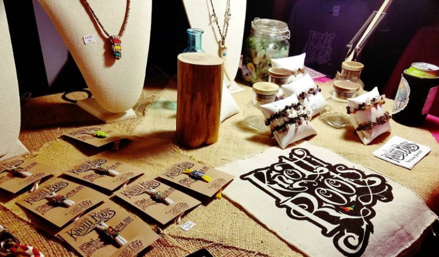 A variety of shopping items arranged on a table, representing the diverse offerings at Myrtle Beach's Rainbow Harbor Shopping Center.