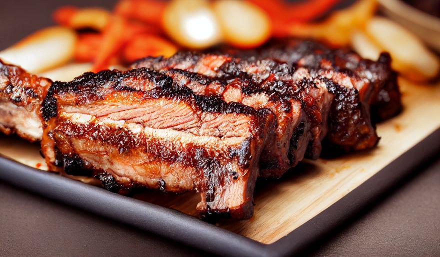 A delicious plate of ribs paired with fresh carrots, representing a dining option at New York Prime in Myrtle Beach.