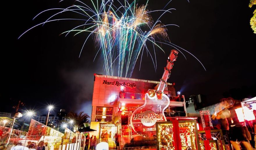 Colorful fireworks burst over the Hard Rock Café, marking the festive New Year’s Eve in Myrtle Beach.