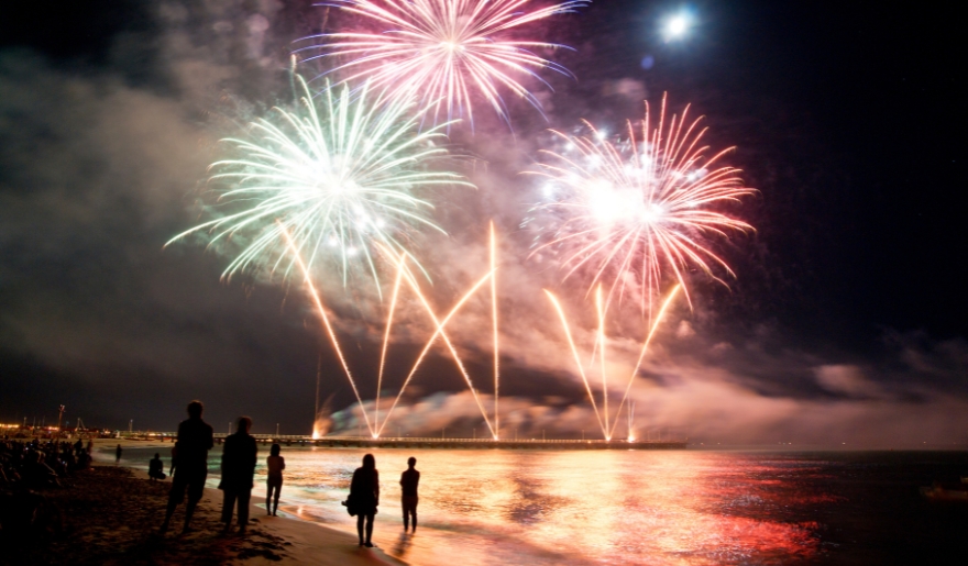 Vibrant fireworks burst in the night sky above the beach, celebrating New Year’s at Broadway at the Beach in Myrtle Beach.