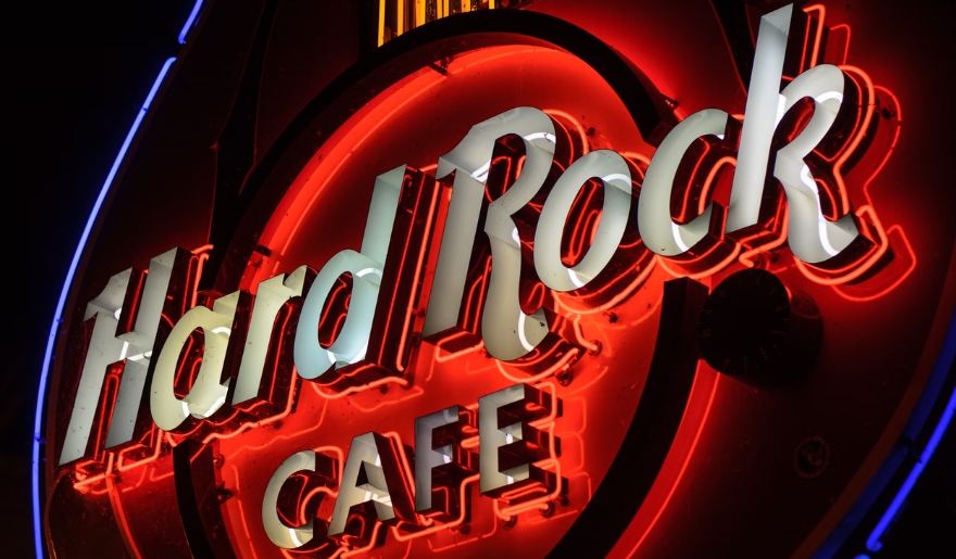 Exterior view of Hard Rock Café, showcasing its lively setting for Myrtle Beach New Year’s celebrations.