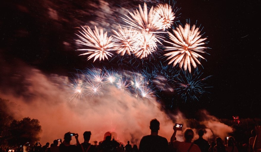 Vibrant fireworks burst in the night sky, marking the New Year at Myrtle Beach's Southern Times Square event.