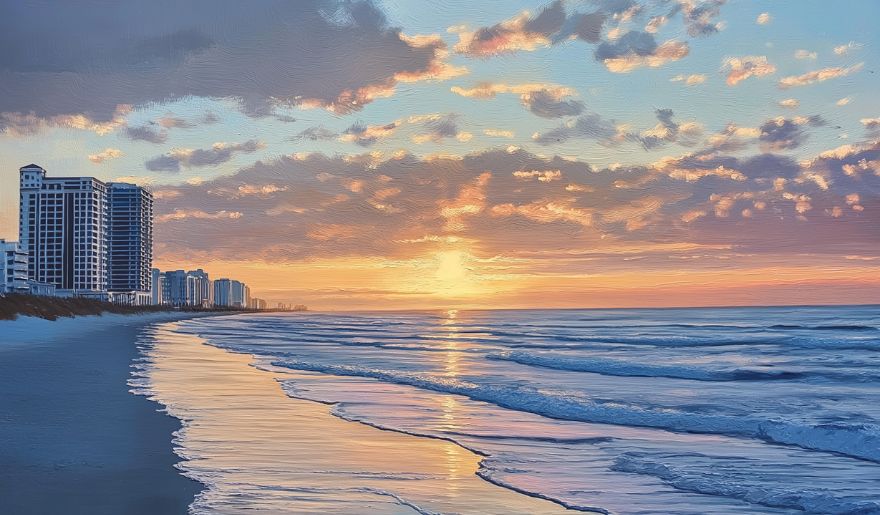 A serene beach at sunrise, with soft waves lapping the shore and buildings silhouetted against the colorful sky.