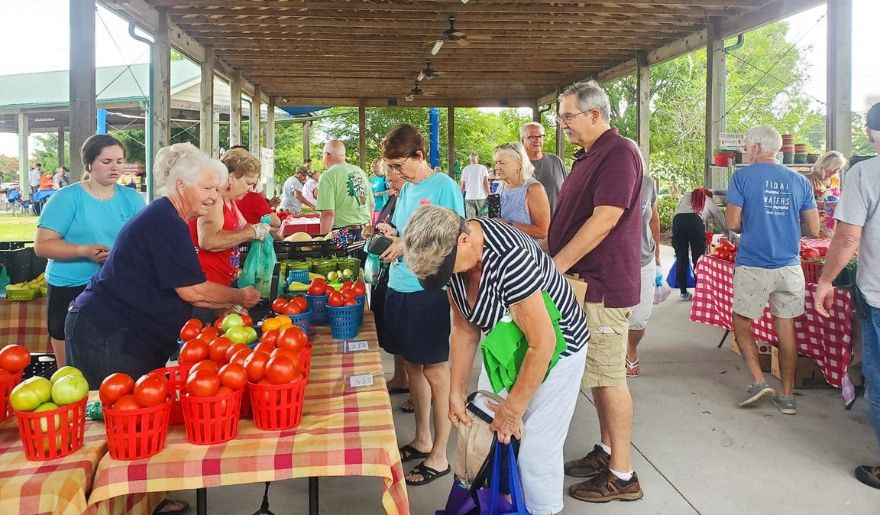 Couples explore an outdoor farmers market, selecting fresh fruits and vegetables amidst a lively atmosphere in Myrtle Beach.