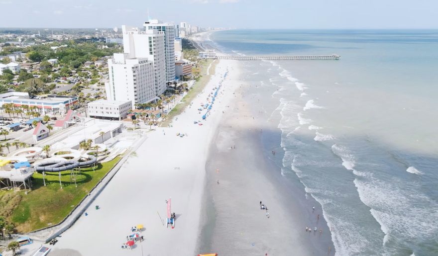 Aerial view of Myrtle Beach showcasing the sandy beach and picturesque coastline.