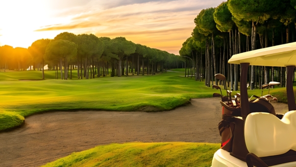 A golf cart on a scenic golf course at sunset, highlighting Marina Inn with 2-bedroom condo rentals and golf packages.