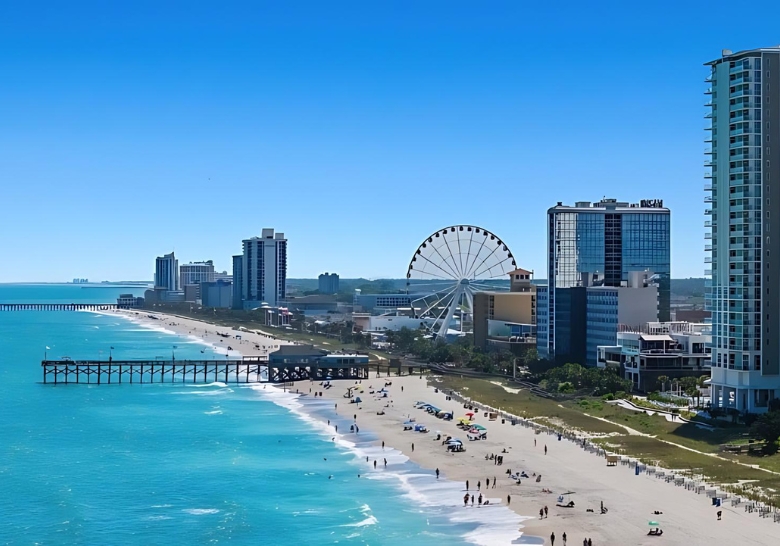 Captivating image of Myrtle Beach, SC, with ocean waves and sandy shores, suitable for 2-bedroom condo rentals near attractions.