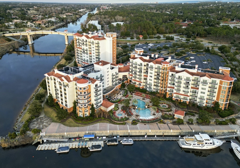 Aerial view of a Marina Inn Resort, highlighting the area and available 3-bedroom condos for rent in Myrtle Beach.