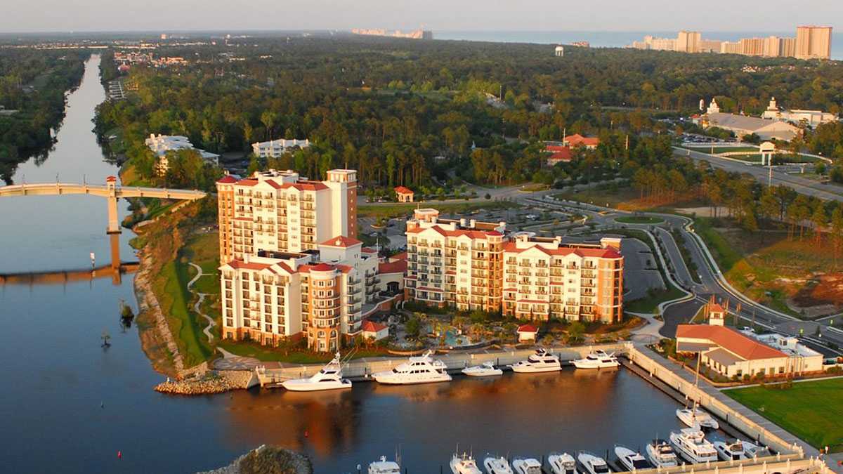 Aerial view of the Marina Inn at Grande Dunes in Myrtle Beach, a luxurious resort near Myrtle Beach festivals, ideal for those looking to book accommodations in advance.