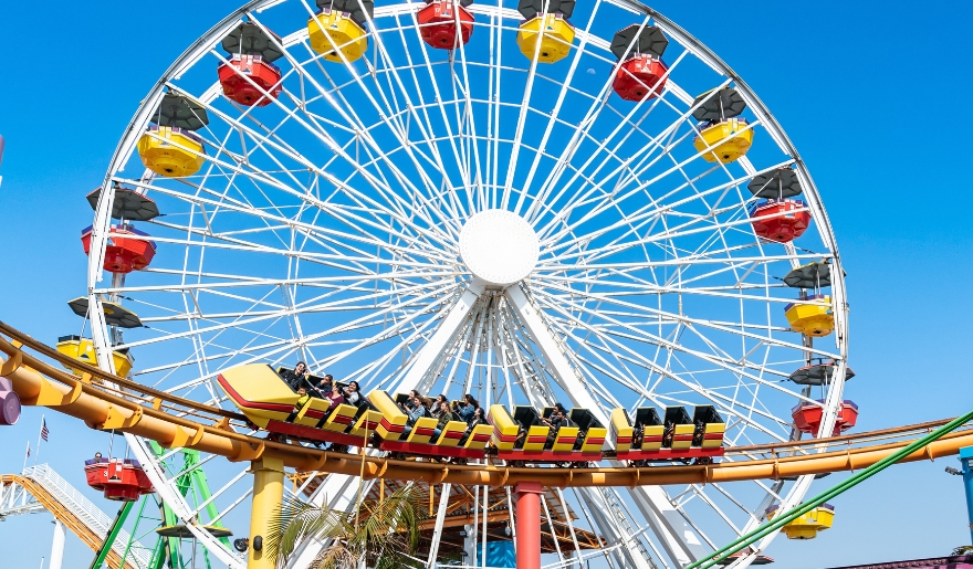 The iconic ferris wheel at Myrtle Beach's Pavilion Park, towering over the amusement park's vibrant attractions.