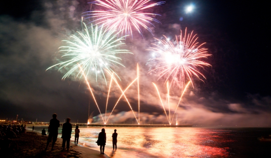 Vibrant fireworks burst over the beach at night, marking the July festivities at Myrtle Beach Boardwalk.