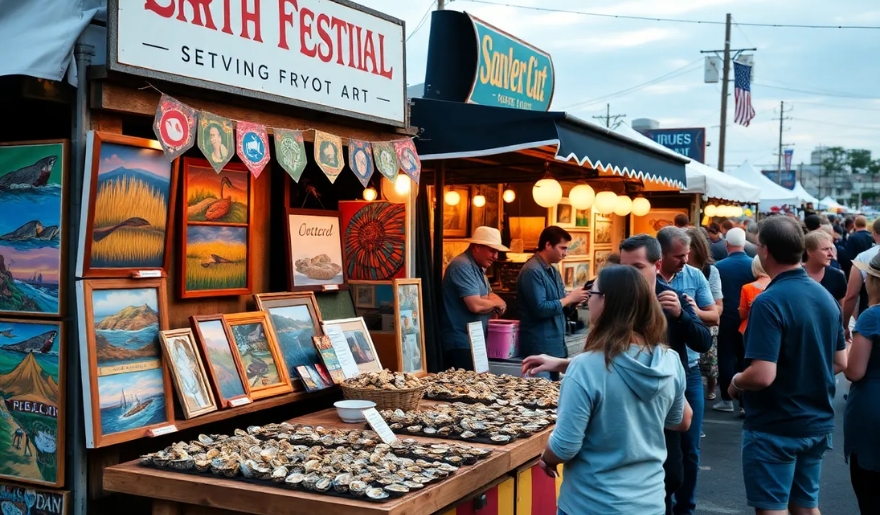 Visitors explore an outdoor market showcasing colorful paintings during the Myrtle Beach Events  Oysters & Art Festival.
