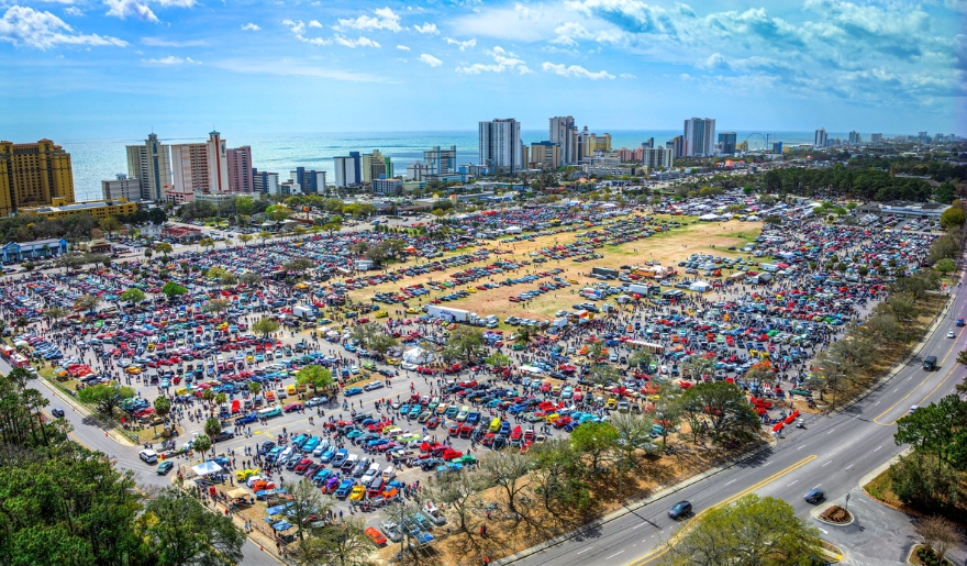 Aerial view of a bustling classic car shows on the East Coast during the Run to the Sun Car and Truck Show in Myrtle Beach.