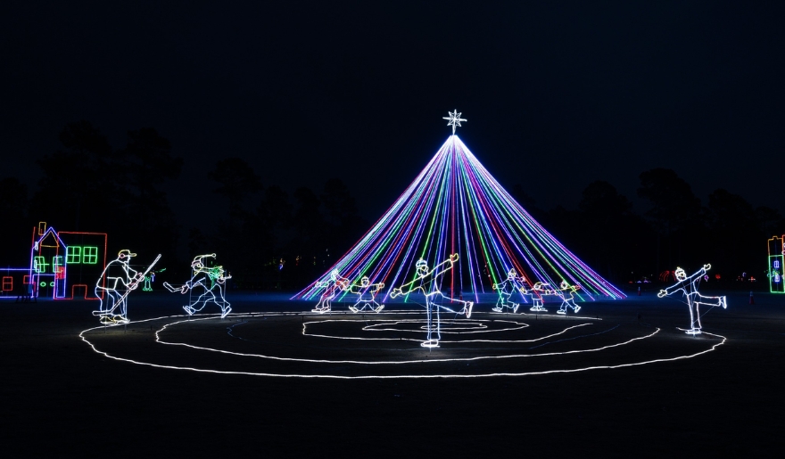 A festive display of Christmas lights illuminating the park during The Great Christmas Light Show at North Myrtle Beach Park & Sports Complex.