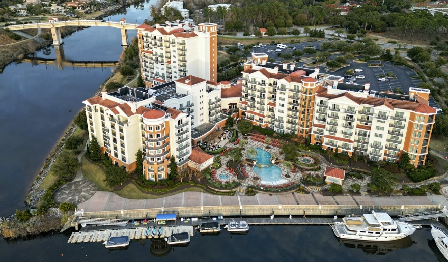 Aerial view of Marina Inn at Grande Dunes, perfect for Myrtle Beach spring stay.