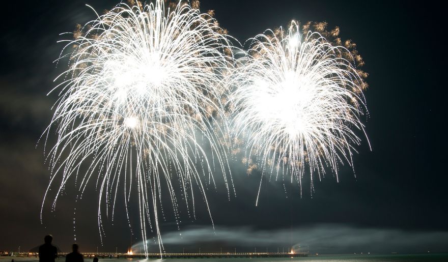 Bright fireworks light up the night sky over the water, celebrating Myrtle Beach events. Spectators enjoy the dazzling display at New Year’s Eve.
