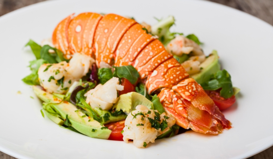 A beautifully plated lobster with fresh vegetables, highlighting dining experiences in Myrtle Beach from the travel guide.