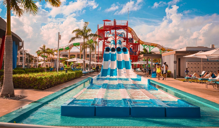 A vibrant water slide at a beach resort, perfect for family fun during a vacation in Myrtle Beach.