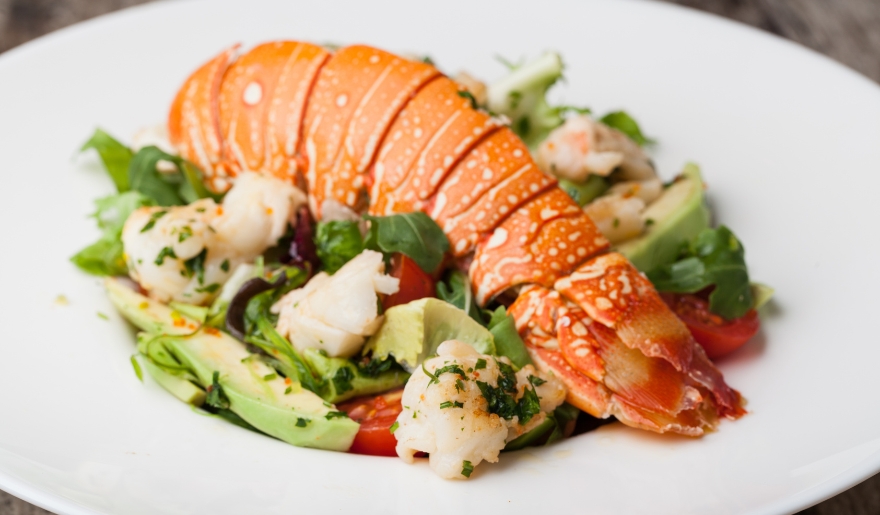 A beautifully plated lobster accompanied by fresh vegetables, showcasing a dining experience in Myrtle Beach during May.