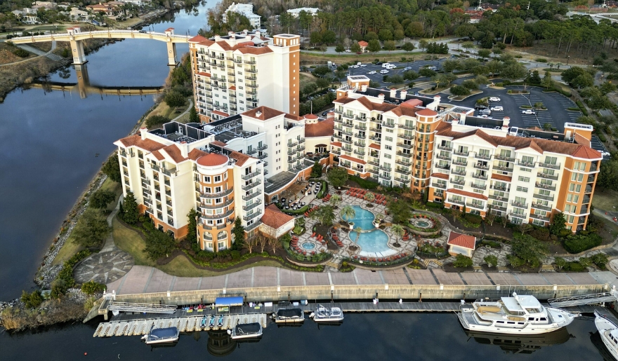 Aerial view of a Marina Inn at Grande Dunes buildings, highlighting potential event venues in Myrtle Beach.