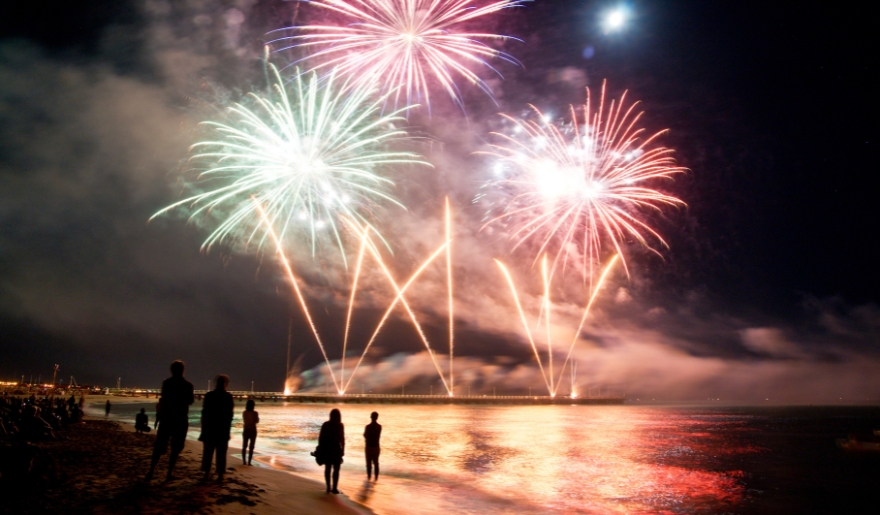 Vibrant fireworks burst over the water at night, showcasing a festive display at Myrtle Beach's Broadway at the Beach in August.