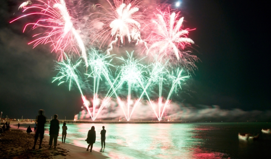 Colorful fireworks illuminate the night sky over Myrtle Beach, creating a festive atmosphere during a June local fireworks show.