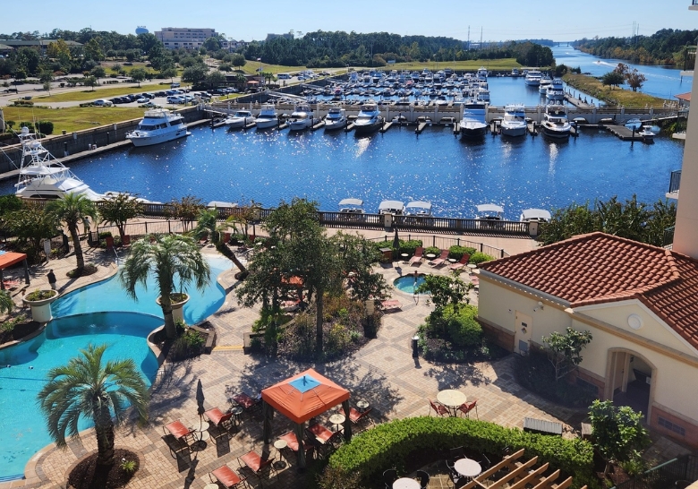 View from the Marina Inn balcony, showcasing the marina and serene waters in Myrtle Beach, SC.