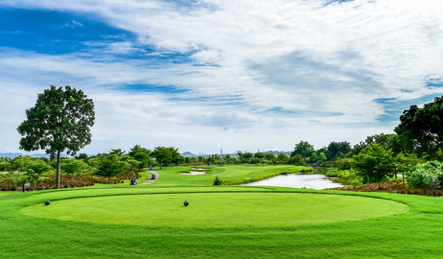 Scenic golf course in Myrtle beach, showcasing lush greens and palm trees, promoting Myrtle Beach Group Golf Packages.