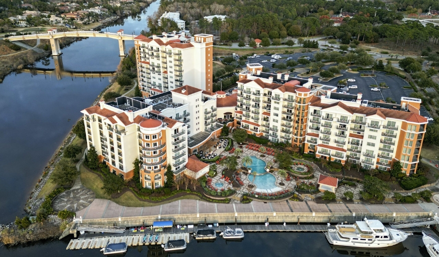 Aerial view of the Marina Inn at Grande Dunes, showcasing the resort and marina in Myrtle Beach during November.