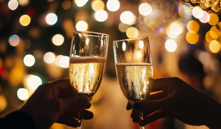 Two people toast with champagne glasses in front of a decorated Christmas lights at Marina Inn, Myrtle Beach New Year’s event.