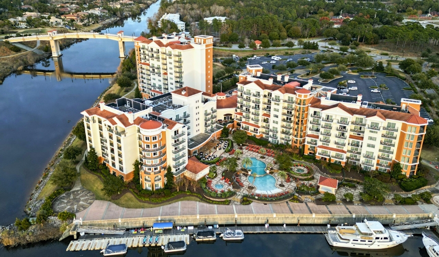 Aerial view of a Marina Inn at Grande Dunes in Myrtle Beach, perfect for thanksgiving party.