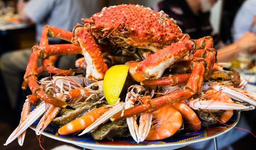 A large crab on a plate represents the fresh seafood delights featured in Myrtle Beach travel tips.