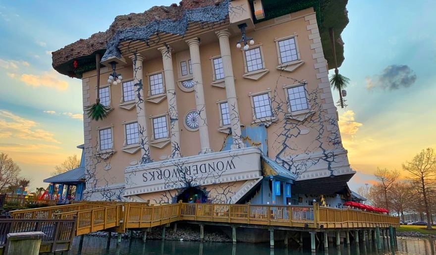 The exterior view of the WonderWorks, showcasing upside down design perfect for Myrtle Beach Attractions for Kids
