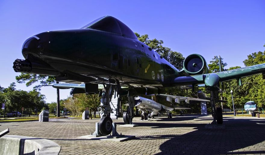 A green airplane showcased in Warbird Park, Myrtle Beach, set against a backdrop of park greenery.