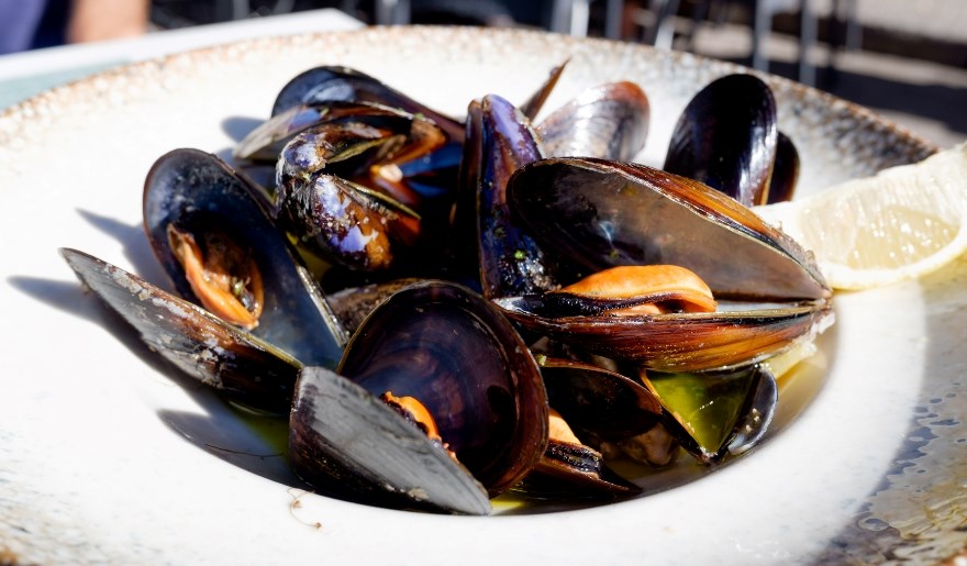 A bowl of mussels garnished with lemon wedges, served at Original Benjamin’s Calabash Seafood in Myrtle Beach.