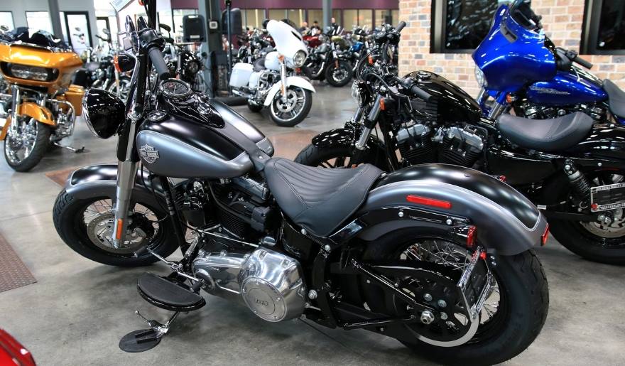 A motorcycle in a showroom at the Harley-Davidson shop, featuring several other motorcycles in the Myrtle Beach shopping area.