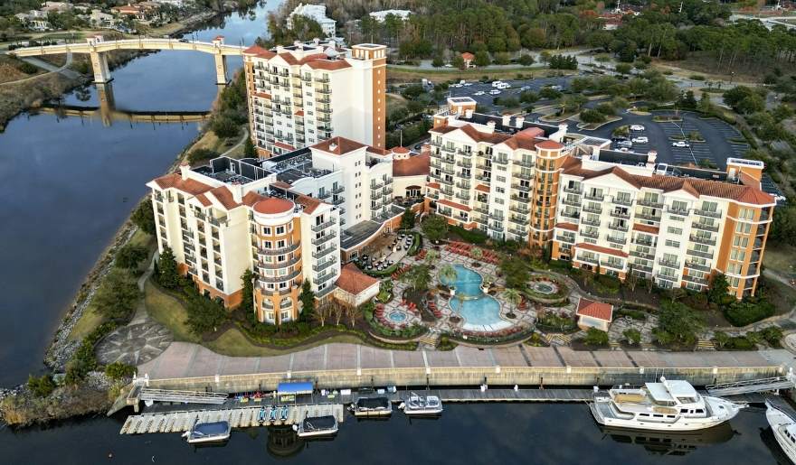 Aerial view of a Marina Inn at Grande Dunes buildings, highlighting potential event venues in Myrtle Beach.
