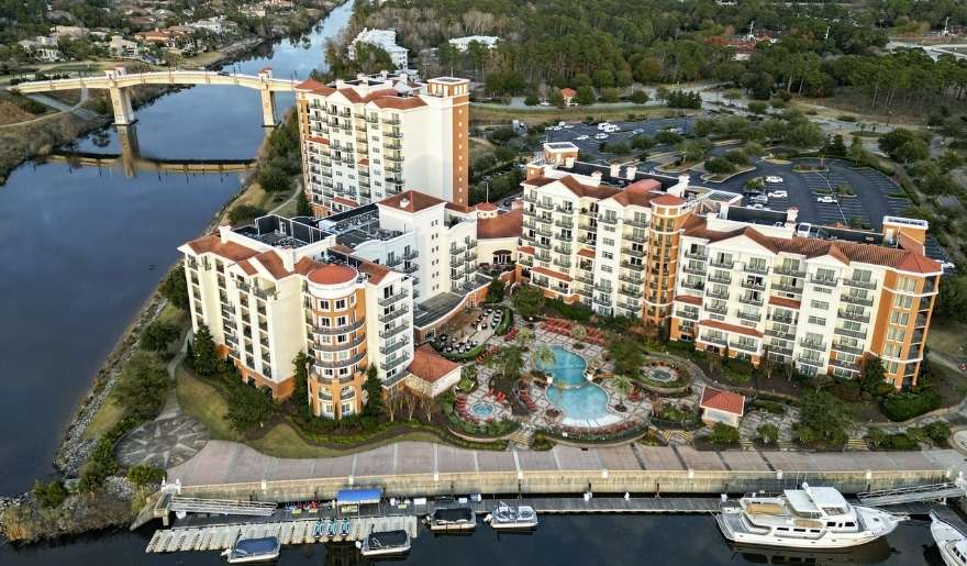 Aerial view of Marina Inn at Grande Dunes with marina and Intracoastal Waterway access perfect stay during Myrtle Beach Bachelorette Party