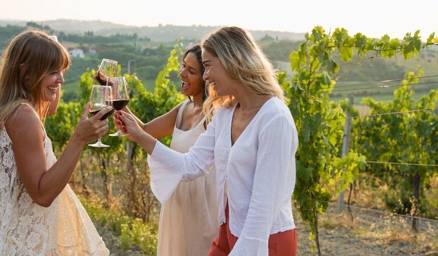 Friends enjoying a wine tasting experience during a Myrtle Beach bachelorette getaway