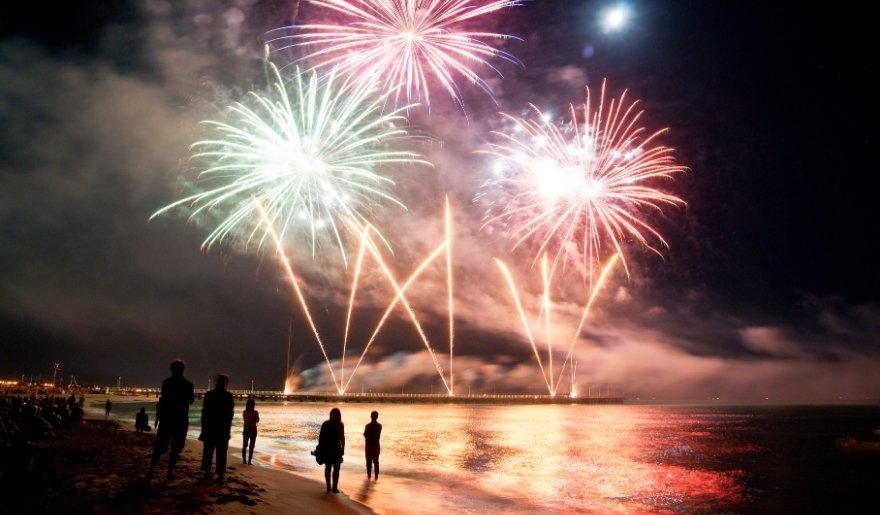 Holiday fireworks lighting up the Myrtle Beach shoreline during an off-season evening celebration