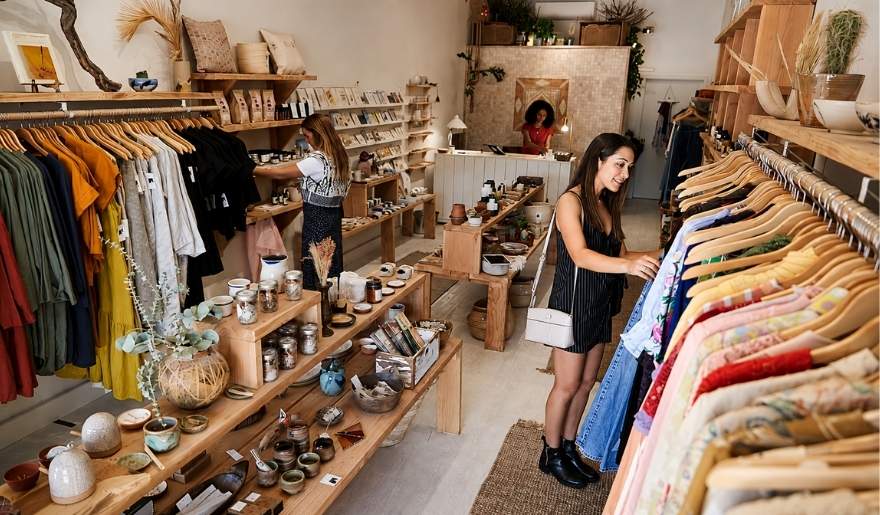 Shoppers browsing clothing and gifts at Hudson's Surfside Flea Market near Myrtle Beach