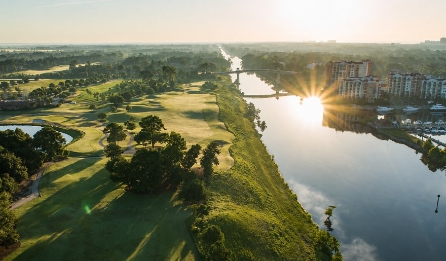 Aerial view of Grande Dunes golf course and marina near Marina Inn in Myrtle Beach